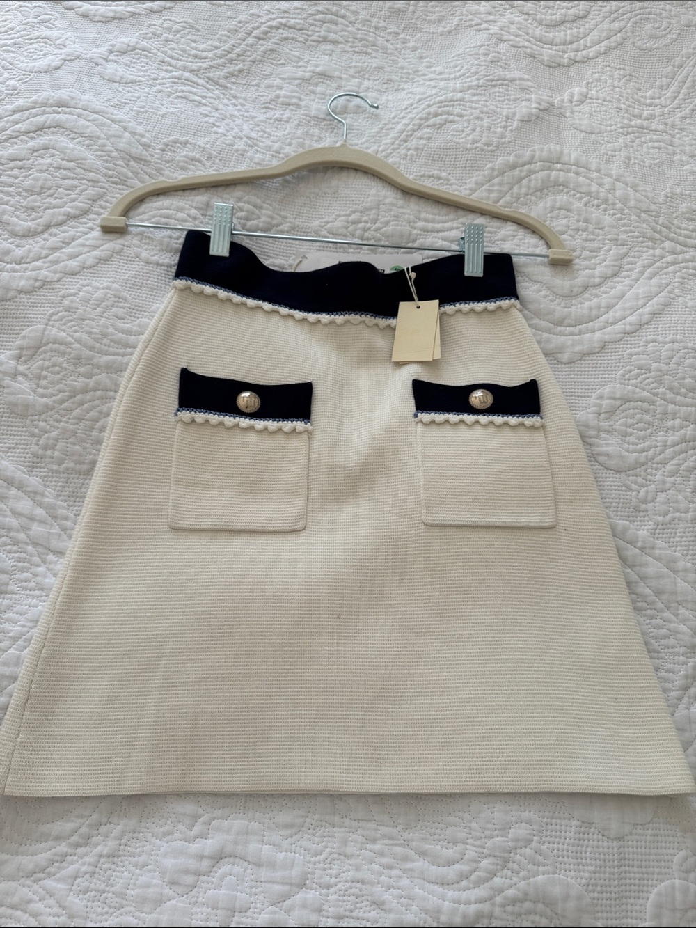 Maje Cream A-Line Skirt with Black Waistband & Pocket Trim